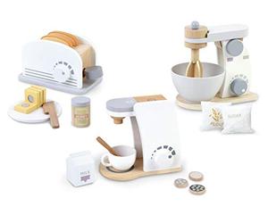 Leomark Set Cocina Madera Niños Batidora Tostadora Cafetera Accesorios Juguete Pasteles Desayuno Café Bol Tostadas Taza Mantequilla Miel Harina Azúcar Creatividad Motricidad Regalo Infantil 3 Años