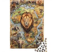 León Africano Mapa Puzzle de 1000 Piezas Papel para Adultos Escena de Fauna Africana Relajación Familiar Decoración 70x50cm/1000pcs