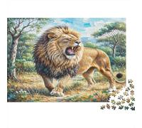 León Africano Rompecabezas de Papel Reciclado de león rugiendo en Sendero de Bosque mágico, Regalo Decorativo para niños 38x26cm/1000 Piezas