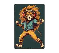 León Bailando con Auriculares Pared Muestra Placa Vintage Carteles De Pared De Metal Divertida Cartel De Chapa para Pub Jardín Salón