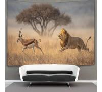 León cazando una gacela bajo un árbol, Tapiz Para Colgar En La Pared,estético Decoración Del Hogar Para Sala De Estardormitorio 130cmx150cm