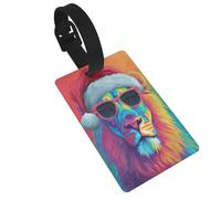 León con sombrero de Papá Noel con gafas de sol, etiquetas de equipaje, etiqueta de identificación de nombre, etiquetas de maleta, ideal para viajes, cruceros, mochilas, bolsas