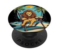 León durmiente en silla para amantes de la playa y las palmeras PopSockets PopGrip Adhesivo