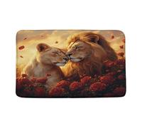 León, Fauna Salvaje Africana, Rosas Románticas, Amor, Enamorados, Pareja Alfombra Exterior Resistente Felpudos Entrada Antideslizante Alfombrilla De Baño para Cocina Inodoro Interior 40X60Cm