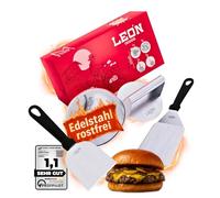 LEÓN Goods: Juego de Hamburguesa de Acero Inoxidable, Incluye Prensa, Espátula y Libro de Recetas (M - (4 Piezas))