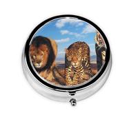 León, leopardo y tigre luchan por la comida impresa., Pastillero, Pastillero redondo Pequeño contenedor de pastillas Organizador de pastillas de viaje