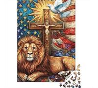 León Majestuoso Puzzle de 1000 Piezas Papel Puzzle para Adultos Cruz Bandera Americana Relajación Decoración Hogar Regalo Familia 52x38cm/1000pcs