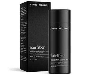 LEON MIGUEL Hair Fiber - Fibras Capilares - Keratin Fibers 100% Natural para Disimular Calvicie y Aumentar el volumen. Maquillaje Capilar por hombres y mujeres - 25 Gramos Neto (Negro)
