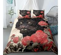 LeóN Negro Juego de Ropa de Cama Flores Rojas Funda Nordica Reversible con Funda Edredon 135x200 cm Microfibra y 2 x Fundas de Almohada 50x75 cm