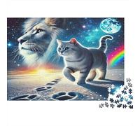 León Rompecabezas de Papel Grueso León y Gato con arcoíris en el Espacio, Pack de Actividad Familiar y Regalo navideño 52x38cm/1000 Piezas