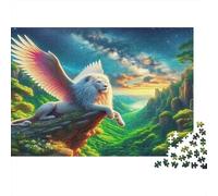León Rompecabezas de Papel Reciclado León Blanco Alado en montañas Verdes, Juguete Educativo para Toda la Familia 38x26cm/1000 Piezas