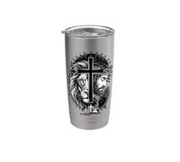 León y Jesús Cruz Oración Fe Cristiana Vaso térmico de acero inoxidable de doble pared