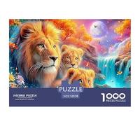 León y Sus crías Entre Flores Brillantes y cascadas Puzzle De 1000 Piezas león Ideal para Hombres, Mujeres, Niños Y Ancianos 52x38cm/1000pcs