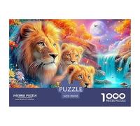 León y Sus crías Entre Flores Brillantes y cascadas Puzzle De 1000 Piezas león Puzzles Clásicos para Niños Y Adultos 70x50cm/1000pcs