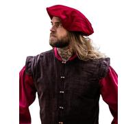 Leonardo Carbone® Gorro de terciopelo para hombre Kurt | Banda integrada | fruncido trasero | Carnaval, Halloween, Cosplay, LARP, Edad Media, Boina, Sombrero de Algodón | 100% Algodón Rojo L