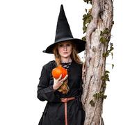 Leonardo Carbone® Sombrero de bruja Agata - Disfraz de bruja, ropa medieval, disfraz de Halloween para mujer, sombrero de bruja, sombrero de mago, ropa LARP, carnaval, cosplay, 100% lana negra