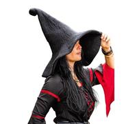 Leonardo Carbone® Sombrero de bruja Glinda - Disfraz de bruja, ropa medieval, disfraz de Halloween para mujer, sombrero de bruja, sombrero de mago, ropa LARP, carnaval, cosplay, 100% lana negra