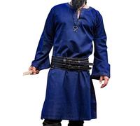 Leonardo Carbone® Túnica con cenefa Halvor - Ropa medieval para hombre, camisa medieval, camisas de ocio, manga larga, disfraz de carnaval, túnica vikinga, ropa LARP - 100% algodón, azul, S