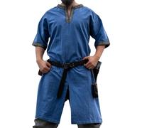 Leonardo Carbone® Túnica de manga corta Richard - Ropa medieval para hombre, camisa medieval, camisas de ocio, manga corta, disfraz de carnaval, túnica vikinga, ropa LARP - 100% algodón, azul