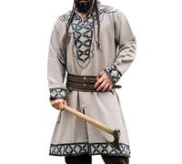Leonardo Carbone® Túnica vikinga Erik ? Ropa medieval para hombre, camisas casuales de manga corta, disfraz de carnaval, túnica vikinga, ropa LARP - 100% algodón con aplicaciones de cuero, arena, L
