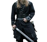 Leonardo Carbone® Túnica vikinga Erik ? Ropa medieval para hombre, camisas casuales de manga corta, disfraz de carnaval, túnica vikinga, ropa LARP - 100% algodón con aplicaciones de cuero, Negro , S