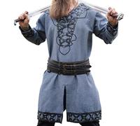 Leonardo Carbone® Túnica vikinga Erik ? Ropa medieval para hombre, camisas casuales de manga corta, disfraz de carnaval, túnica vikinga, ropa LARP - 100% algodón con aplicaciones de cuero, azul/gris,