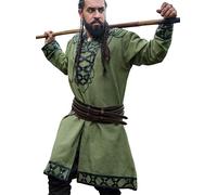 Leonardo Carbone® Túnica vikinga Erik ? Ropa medieval para hombre, camisas casuales de manga corta, disfraz de carnaval, túnica vikinga, ropa LARP - 100% algodón con aplicaciones de cuero, verde, XXXL