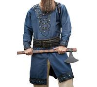 Leonardo Carbone® Túnica vikinga Erik ? Ropa medieval para hombre, camisas casuales de manga corta, disfraz de carnaval, túnica vikinga, ropa LARP - 100% algodón con aplicaciones de cuero, azul