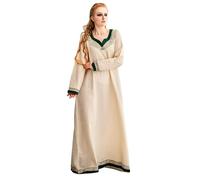 Leonardo Carbone® Vestido de mujer Lagertha | bordado a mano | cuello en V | carnaval, Halloween, cosplay, LARP, vikingo, medieval, disfraz, vestido de fiesta, 100% algodón, Natural/Verde, 3XL