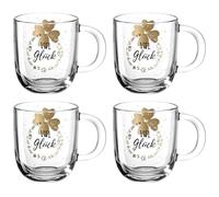 Leonardo Emozione 046452 - Juego de 4 tazas de cristal aptas para lavavajillas, diseño de trébol y texto en inglés