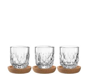 LEONARDO HOME GOCCE 055190 - Juego de 6 vasos de café (60 ml, 3 posavasos de corcho, 3 tazas de espresso, para portafiltros, apto para lavavajillas, con estructura de gota, transparente)