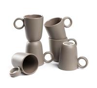 LEONARDO HOME Juego de 6 tazas de café ROMA • Capacidad: 400 ml • Taza moderna con asa • Hecho a mano de cerámica de alta calidad • apilable • Apto para lavavajillas y microondas • gris topo • 027926