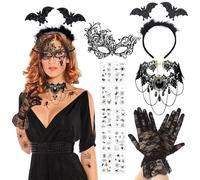 Leonshco 5 piezas Halloween Steampunk Mujer Accesorios con Guantes de Encaje Mujer/Máscara Veneciana/Joyería Gótica Necklace/Halloween Haarreif/Tattoo Sticker para Masquerade, Cosplay, Party etc (A)