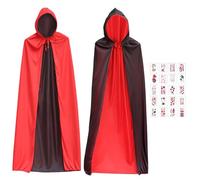 Leonshco Capa de Halloween con capucha, capa de vampiro rojo y negro, disfraz de Halloween para niños y adultos, disfraz de vampiro para hombre y mujer, capa negra con 20 pegatinas de tatuaje (90 cm)