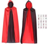 Leonshco Capa de Halloween con capucha, capa de vampiro rojo y negro, disfraz de vampiro para niños y adultos, disfraz de vampiro para hombre y mujer, capa negra con 20 pegatinas de tatuaje (140 cm)