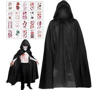 Leonshco Capa negra de Halloween con capucha, capa de disfraz de vampiro, 20 hojas de pegatinas impermeables de tatuaje con cicatrices, disfraz para adultos, disfraz infantil, accesorio para, 90
