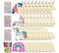 Leonshco Juego de manualidades de madera de unicornio, 55 unidades, manualidades de cumpleaños infantiles, juego de manualidades para niños con 12 lápices de acuarela/pegatinas de piedras preciosas