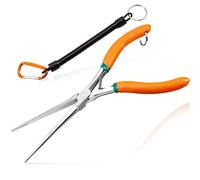 LEONTOOL Alicates de punta de aguja de largo alcance de 7 pulgadas, alicates de punta de aguja extra largos delgados con cordón de mandíbula dentada, resorte de doble hoja cargado para hacer joyas