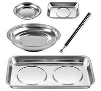 LEONTOOL Juego de 4 bandejas magnéticas de acero inoxidable con herramienta telescópica de recogida magnética, bandejas cuadradas y redondas para tornillos, tuercas, pernos, organizador mecánico de