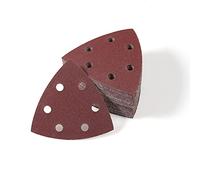 LEONTOOL - Juego de 50 almohadillas de lijado triangulares de 8,9 cm, discos de lijado de 6 agujeros, grano 150, hojas de lijado para madera y metal