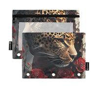 Leopard Breaking Through Rose Wall - Carpeta vintage con 3 anillos con ventana transparente con cremallera en varios colores, 3 carpetas de anillos para escuela, oficina y hogar, multicolor, 2