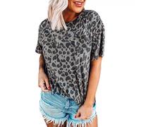 Leopard T-Shirts Damen Oversized Kurzarm Sommer Tshirt Loose Fit Rundhals Ausschnitt Lang Tops Casual Mode Motiv Oberteile Junge Basic Tee Shirts Vintage Streetwear Baumwolle Sportshirt, O gris., XXL
