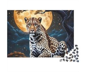 Leopardo bajo Luna Premium Rompecabezas de 1000 Piezas para Adultos Mirada de Leopardo en Jungla bajo la Luna Grueso Robusto Vibrante Desafiante Alivio de Estrés Juego 38x26cm/1000pzs