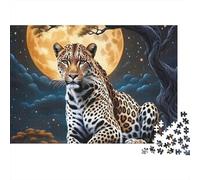 Leopardo bajo Luna Rompecabezas de 1000 Piezas para Adultos Mirada de Leopardo en Jungla bajo la Luna Premium Robusto Vibrante Desafiante Alivio de Estrés Juego Familiar 52x38cm/1000pzs