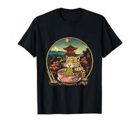 Leopardo Comiendo Ramen Pagoda Torre Bosque Monte Fuji Obra De Arte Camiseta
