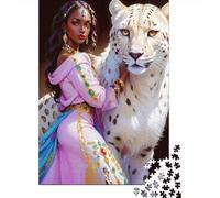 Leopardo de Las Nieves Blanco Mujer con Traje exótico Puzzle de 1000 Piezas Puzzle para Adultos Escena Nocturna Puzzle para Toda la Familia Relajación Regalo Decoración hogar 38x26cm/1000pcs