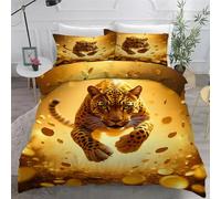 Leopardo Naranja Funda Nórdica 260x240cm, Monedas de Oro Juego Ropa de Cama，Conjunto de 3 Piezas de Microfibra Suave y Transpirable, 2 Fundas de Almohada de 50x75cm AN708