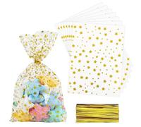 LEOSINDA 100 bolsas de celofán con estampado de estrellas doradas de 5 x 7 pulgadas, bolsas de celofán para pasteles, bolsas de celofán con lazo giratorio, bolsas de envoltura de galletas para
