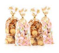 LEOSINDA 100 bolsas de celofán de oso, bolsas de plástico transparente de 5 x 11 pulgadas para envolver regalos, decoraciones de boda nupcial, cumpleaños, fiesta de San Valentín con lazos giratorios