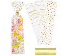 LEOSINDA 100 bolsas de celofán largas transparentes con estampado de estrellas doradas de 3 x 11 pulgadas, bolsas de celofán con cinta giratoria de polietileno de 1.36 mils para hornear, galletas,